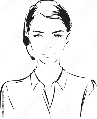 Hand Drawn Female Customer Service Agent Black and White Avatar Illustration in Minimal Line Art Style Design