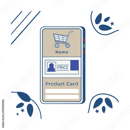 Illustration of an online shopping mobile app interface featuring a product card with price and name, a shopping cart icon, user-friendly design, modern minimal style, perfect for e-commerce, digital 
