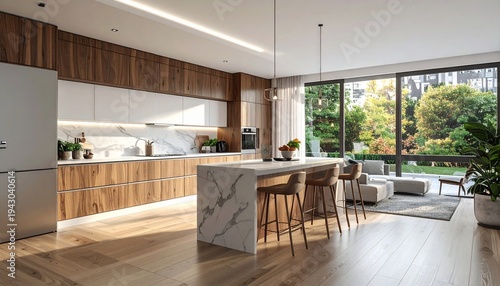 Modern Kitchen Interior Design with Island and Large Windows.
