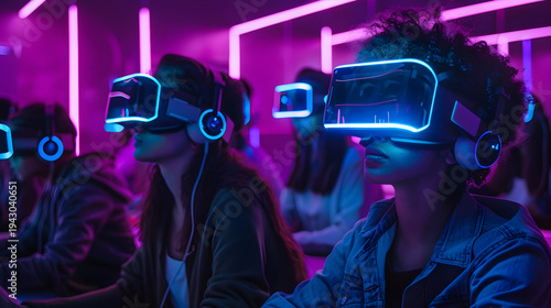 Young people wearing virtual reality headsets in a neon gaming lounge for an immersive digital experience