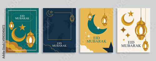 Set of vector card design for Eid Mubarak. Decoration sign for greeting with Eid Mubarak text. Hari Raya, muslim, islamic holiday