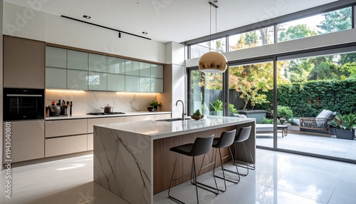 Modern kitchen with island, large windows, and outdoor view, contemporary design.