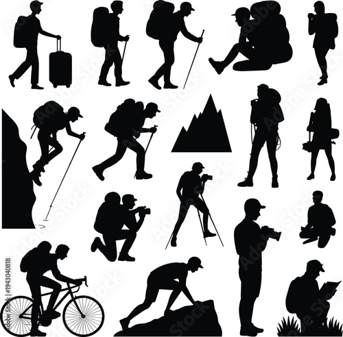 Collection of traveler and adventure silhouettes showing trekking climbing hiking photography cycling camping and exploration activities with backpack camera and mountain isolated