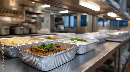 Wallpaper Mural Industrial kitchen staff prepare hundreds of iftar meal boxes, aluminum containers lined up on stainless steel counters, steam rises from lentil soup vats under fluorescent lights, perfect for Torontodigital.ca