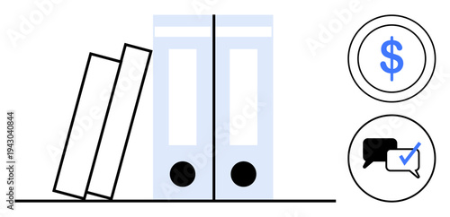Office folders aligned and tilted, paired with circular icons for finance and communication representing money and agreement. Ideal for management, business, teamwork, planning, analytics, finance
