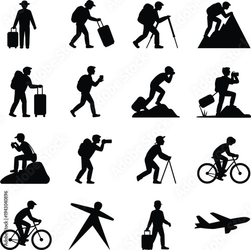 Collection of traveler and adventurer silhouettes showing trekking climbing photography cycling hiking and travel activities with backpack luggage airplane isolated on white