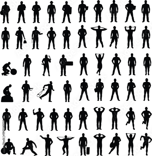 Large collection of male people silhouettes showing different poses professions and activities including worker athlete businessman traveler and daily lifestyle actions isolated