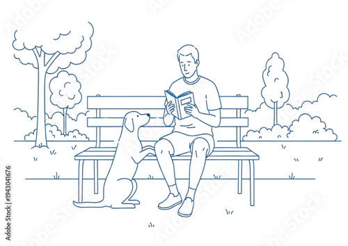 Man enjoying a tranquil moment reading a book in the park with his loyal dog by his side