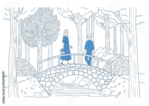 Serene Encounter A Couple's Peaceful Walk Across a Stone Bridge in a Tranquil Forest Setting