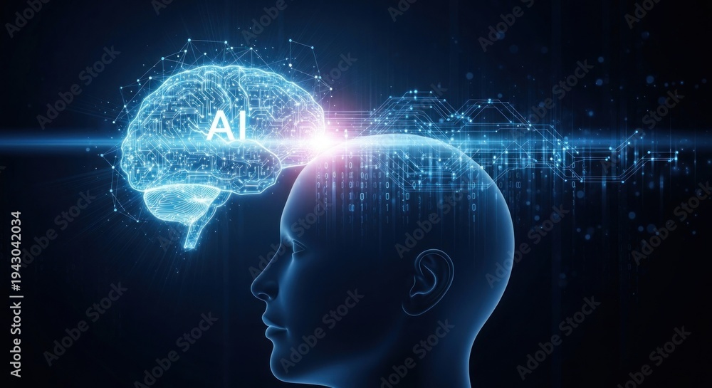 Obraz premium A digital brain with the letters 'AI' on it, emerging from a digital head with a glowing light.