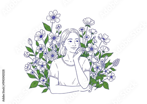 Thoughtful young woman surrounded by vibrant floral blooms, embracing the peaceful beauty of nature
