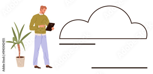 Cloud technology, data organization, remote work, productivity, digital storage, innovation. A man holding a tablet next to a potted plant and an abstract cloud. Cloud technology and data
