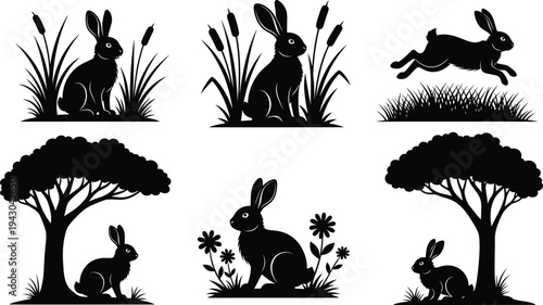 Silhouette illustrations of rabbits in various scenes
