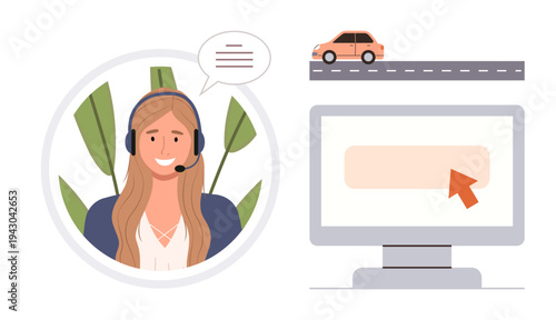 Customer service, online business, virtual communication, digital assistance, help desk, e-learning. Smiling woman with headset and speech bubble. Customer service and online business concept