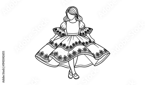 Twirling girls dress coloring page vector illustration black and white line art
