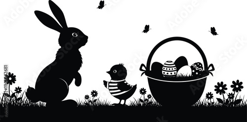 Easter bunny and chicks in a basket scene