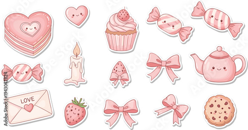 Pink Valentines Day stickers with bows and sweets in pastel colors on white background for greeting card
