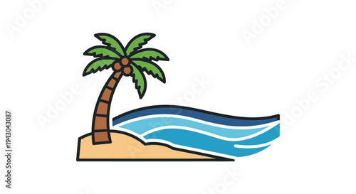 Cartoon palm tree on sandy beach with wavy ocean water in bright sunny day for travel brochure