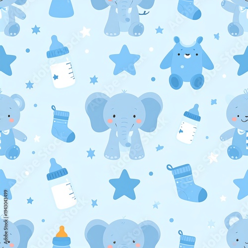 Cute blue baby pattern with elephants, bottles, stars, clothes