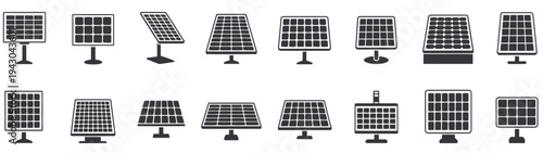 Solar panel vector icon collection, silhouette style web icons representing solar energy, sustainable power, clean technology, and eco-friendly solutions for digital and web design projects.