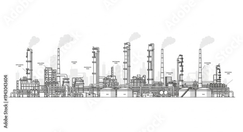 Industrial Refinery Plant with Smokestacks.