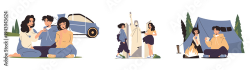 Group Camping and Exploring Adventures Vector Illustration