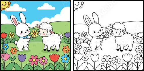  Cute Cartoon Bunny Giving a Flower to a Sweet Lamb in a Sunny Field