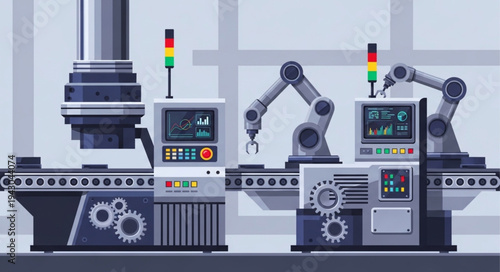 Industrial Robot Arms Assembly Line.