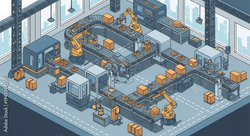 Industrial Robots in Factory Setting.