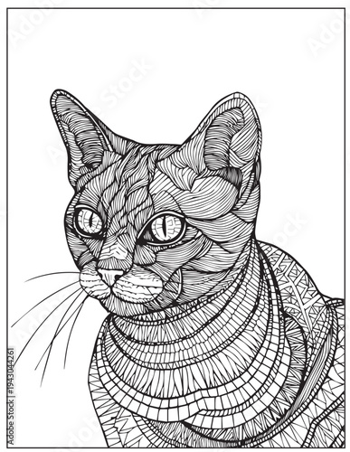 Cute happy cat. Adult coloring book page in mandala style