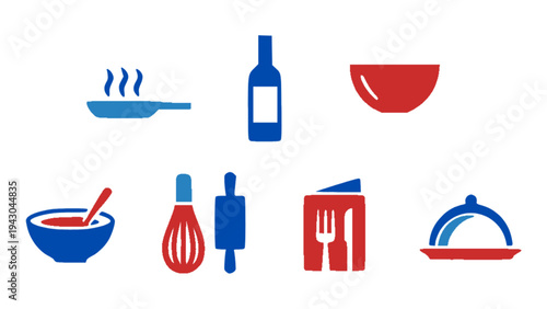 Kitchen preparation icon pack with bowl, whisk, bottle, rolling pin, serving tray, and cooking tools in flat design.