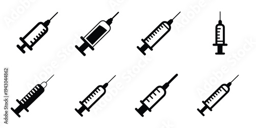 Syringe silhouette vector pack, minimal style icons for healthcare, injections, vaccination, medical education, clinic, and hospital illustration and digital design projects.