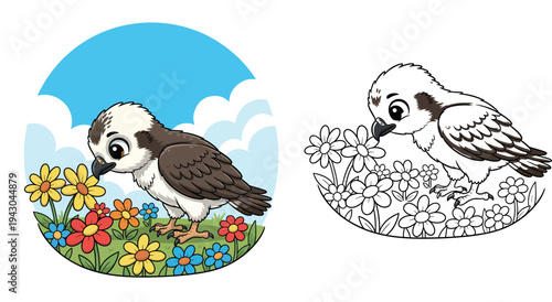Cute Cartoon Bird Smelling Flowers in a Garden