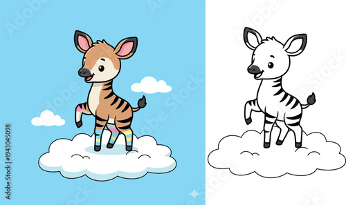 Cute Cartoon Okapi Calf Standing on a Cloud in the Sky