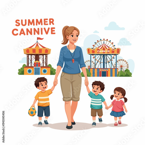 Woman with three children walking at summer carnival. Happy kids exploring fairground attractions, carousel, Ferris wheel, festive summer carnival fun. Concept illustration for family entertainment,