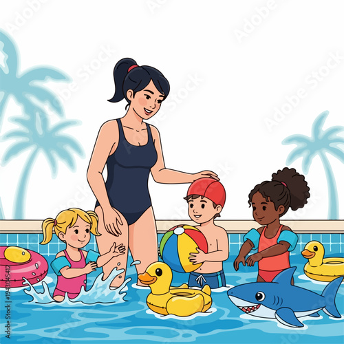 Children enjoying swimming lesson with female instructor in outdoor pool. Young kids wearing armbands, swim caps, surrounded by colorful pool toys during active swimming lesson.
