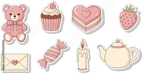 Pink Valentines Day stickers with sweets and treats in flat illustration style with soft pastel colors on white background for party decoration