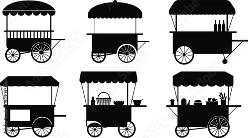 Vector illustration of street vendor carts with canopies and wheels, showcasing diverse mobile vending designs for food, drinks, and goods