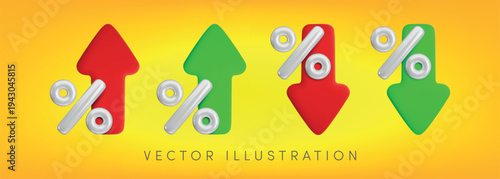 Vector cartoon 3d percent up and down icon set. Realistic growth, downward percentage red, green sign with arrow. Minimal 3d render rate symbol collection for business chart, financial banking app.
