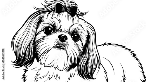 Wallpaper Mural Adorable Shih Tzu Dog with Bow - Black and White Line Art Illustration Torontodigital.ca
