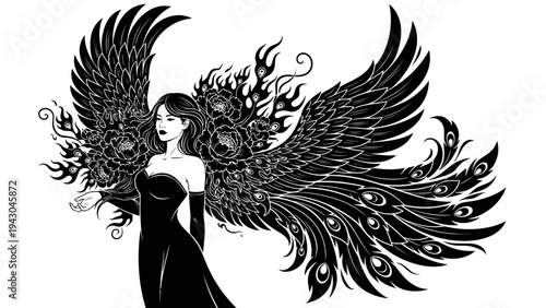 Gothic Angel Woman with Black Peacock Wings, Dark Fantasy Art