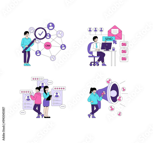 Business Workflow Vector Illustrations Depicting Teamwork