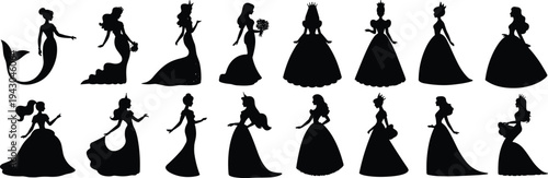 Vector illustration of princess and mermaid silhouettes in fantasy gowns and magical poses, fairy tale character designs with crowns and wands