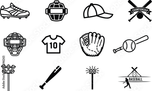 Baseball sport equipment and accessories icons set