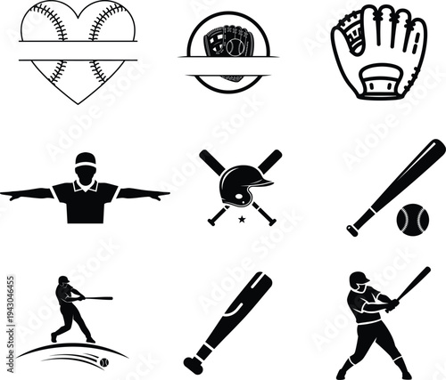 Baseball sport icons with bats balls gloves and helmets