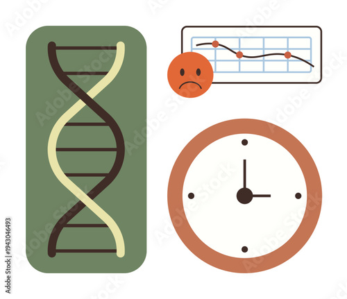 Genetics, time management, health, biological studies, aging, research. DNA helix, clock sad face declining graph. Genetics and time management concepts expressed with visual elements