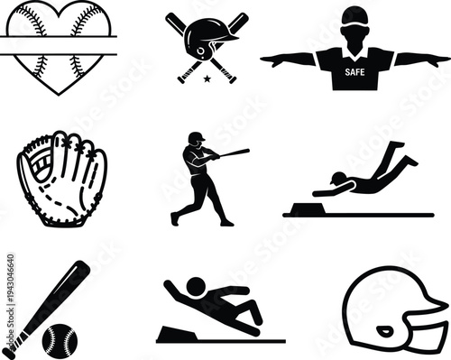 Baseball sports icons and silhouettes collection