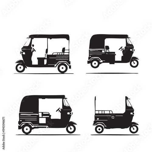 Auto rickshaw silhouette set vector illustration featuring tuk-tuk side views with diverse traditional designs in black and white
