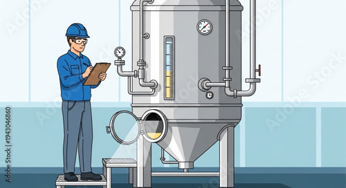 Industrial Worker Inspecting Large Silver Tank.