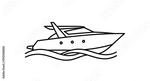 Luxury Yacht Vector Illustration, Sleek Motorboat Icon on Wavy Water, Modern Nautical Transport Graphic for Marine Lifestyle and Travel Concepts
